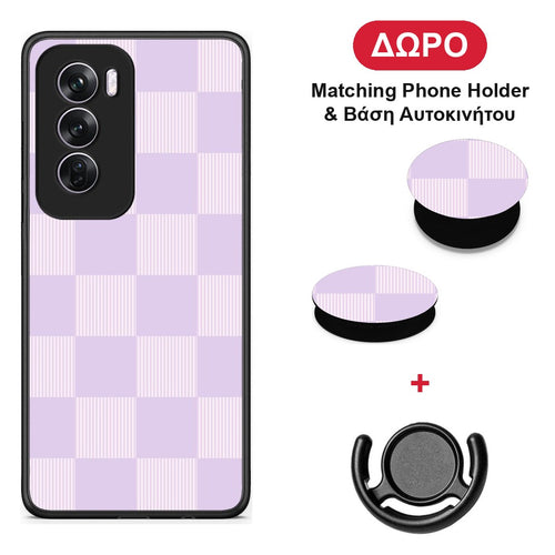 Lilac and Cream Striped Checks - Oppo Reno12 Pro θήκη + Δώρο Phone Holder & Βάση Αυτοκινήτου