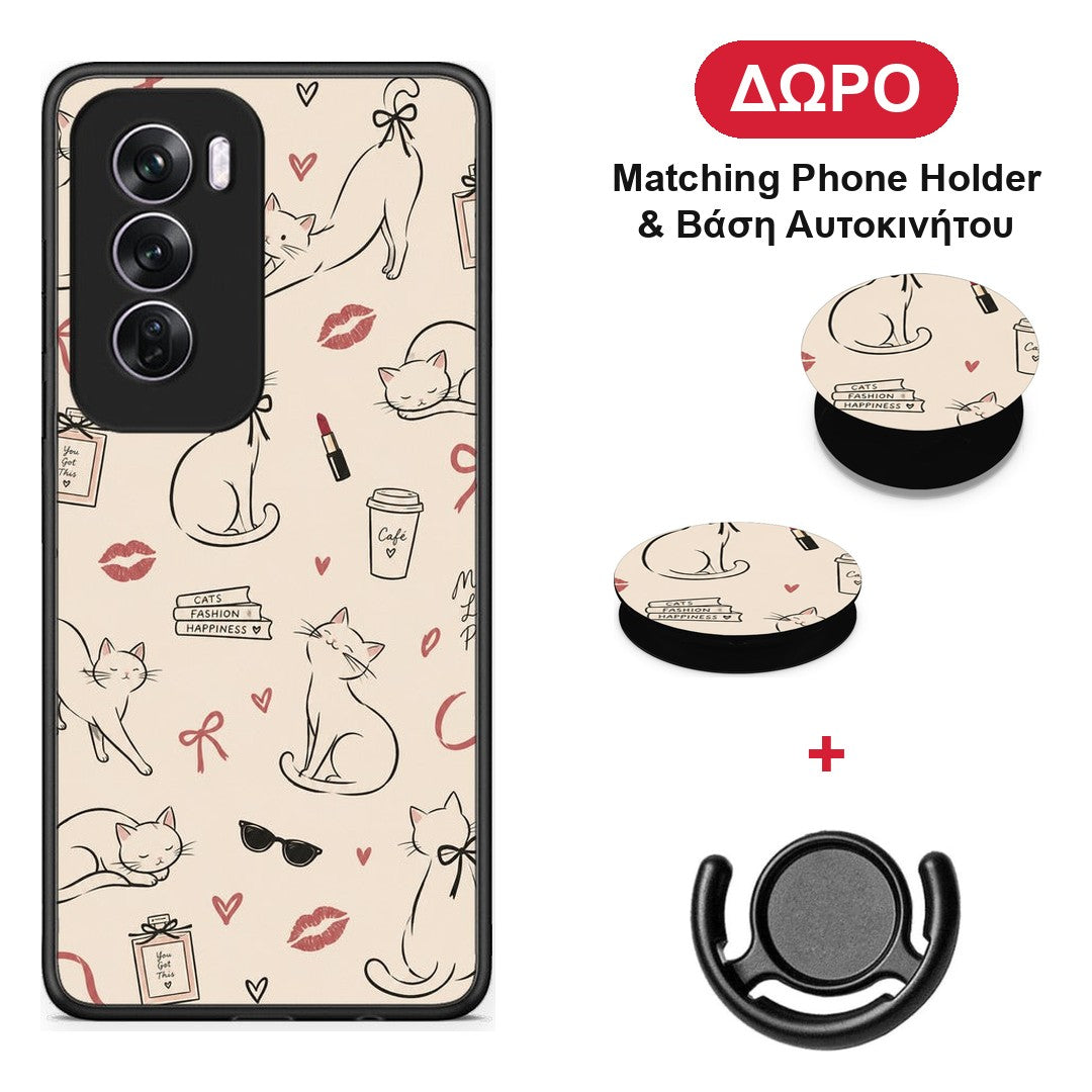 Minimal Cat and Fashion Doodles on Cream - Oppo Reno12 Pro θήκη + Δώρο Phone Holder & Βάση Αυτοκινήτου
