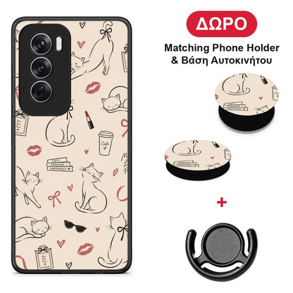 Minimal Cat and Fashion Doodles on Cream - Oppo Reno12 Pro θήκη + Δώρο Phone Holder & Βάση Αυτοκινήτου