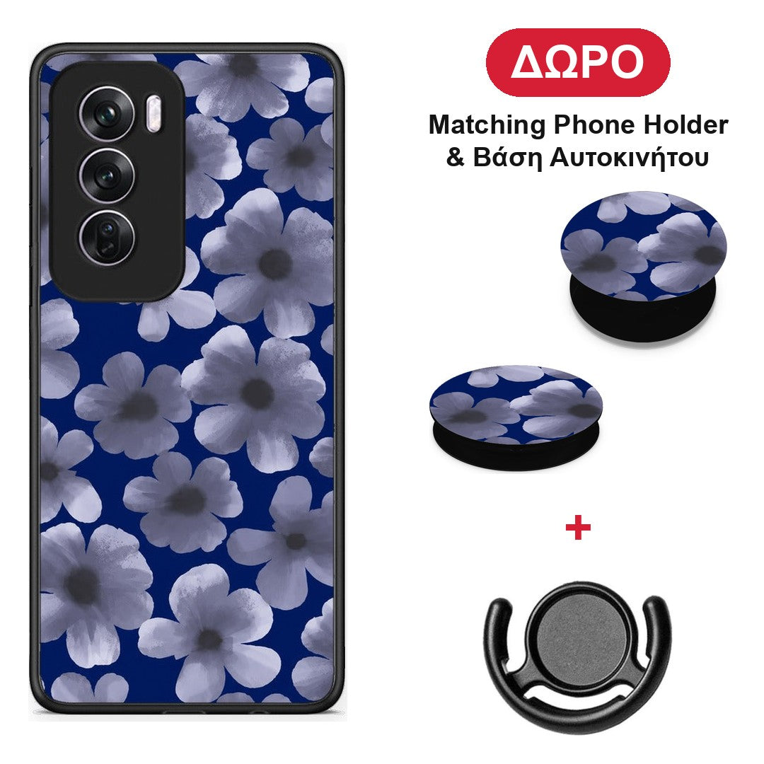 Pale Blue Flowers on Navy - Oppo Reno12 Pro θήκη + Δώρο Phone Holder & Βάση Αυτοκινήτου