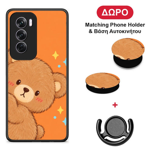 Peekaboo Teddy on Orange - Oppo Reno12 Pro θήκη + Δώρο Phone Holder & Βάση Αυτοκινήτου