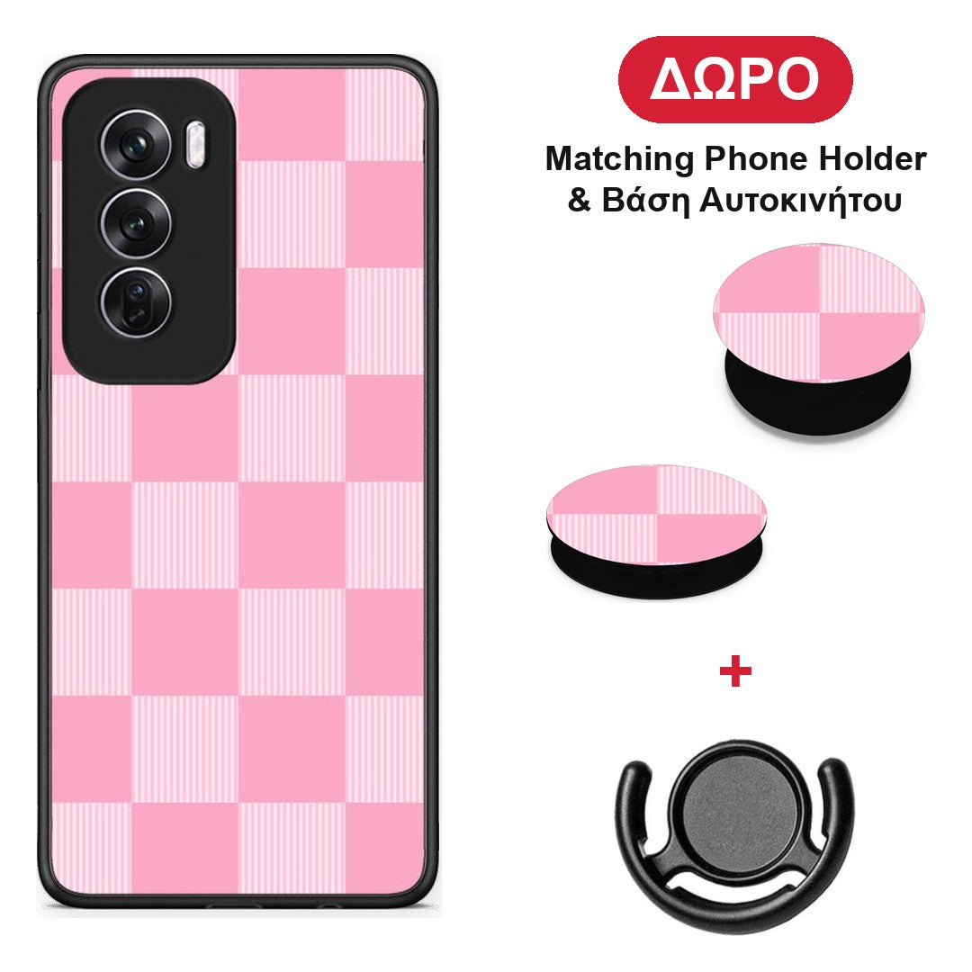 Pink and White Striped Checks - Oppo Reno12 Pro θήκη + Δώρο Phone Holder & Βάση Αυτοκινήτου