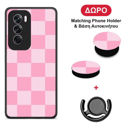 Pink and White Striped Checks - Oppo Reno12 Pro θήκη + Δώρο Phone Holder & Βάση Αυτοκινήτου