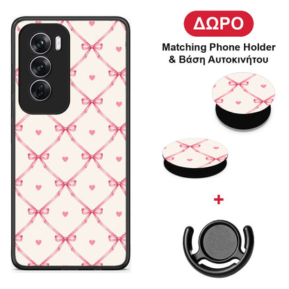 Pink Bow Lattice and Hearts on Cream - Oppo Reno12 Pro θήκη + Δώρο Phone Holder & Βάση Αυτοκινήτου