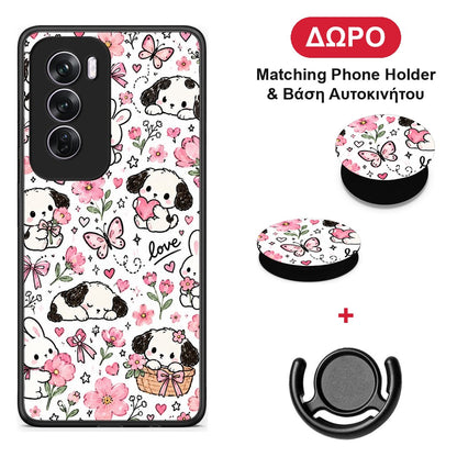 Pink Florals Puppies and Bunnies on White - Oppo Reno12 Pro θήκη + Δώρο Phone Holder & Βάση Αυτοκινήτου