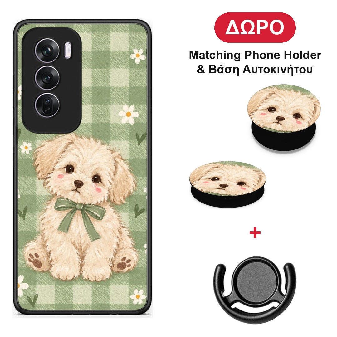 Puppy and Daisies on Sage Gingham - Oppo Reno12 Pro θήκη + Δώρο Phone Holder & Βάση Αυτοκινήτου