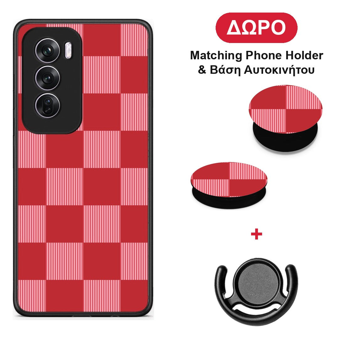 Red and Pink Striped Checks - Oppo Reno12 Pro θήκη + Δώρο Phone Holder & Βάση Αυτοκινήτου
