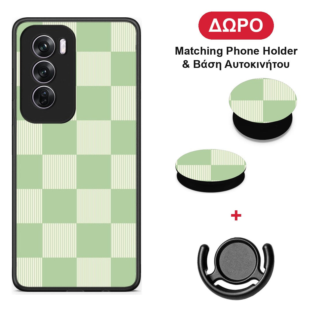 Sage and Cream Striped Checks - Oppo Reno12 Pro θήκη + Δώρο Phone Holder & Βάση Αυτοκινήτου