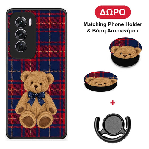 Teddy Bear on Red and Navy Tartan - Oppo Reno12 Pro θήκη + Δώρο Phone Holder & Βάση Αυτοκινήτου