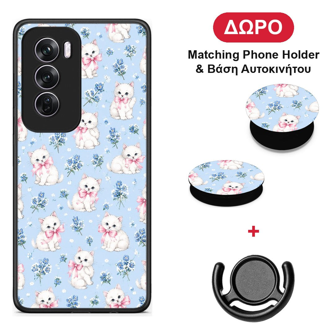White Kittens and Blue Flowers Small - Oppo Reno12 Pro θήκη + Δώρο Phone Holder & Βάση Αυτοκινήτου