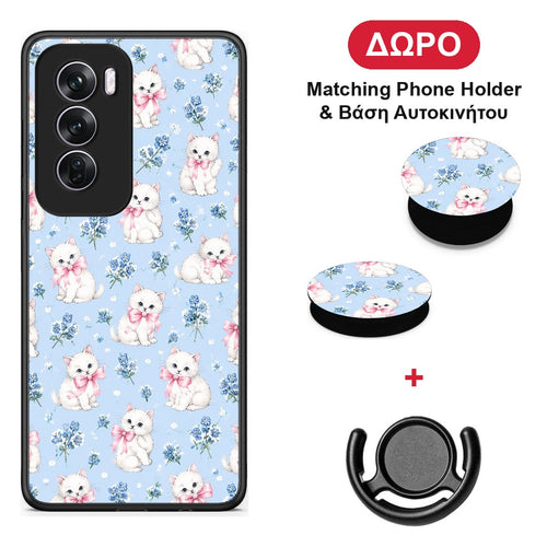 White Kittens and Blue Flowers Small - Oppo Reno12 Pro θήκη + Δώρο Phone Holder & Βάση Αυτοκινήτου