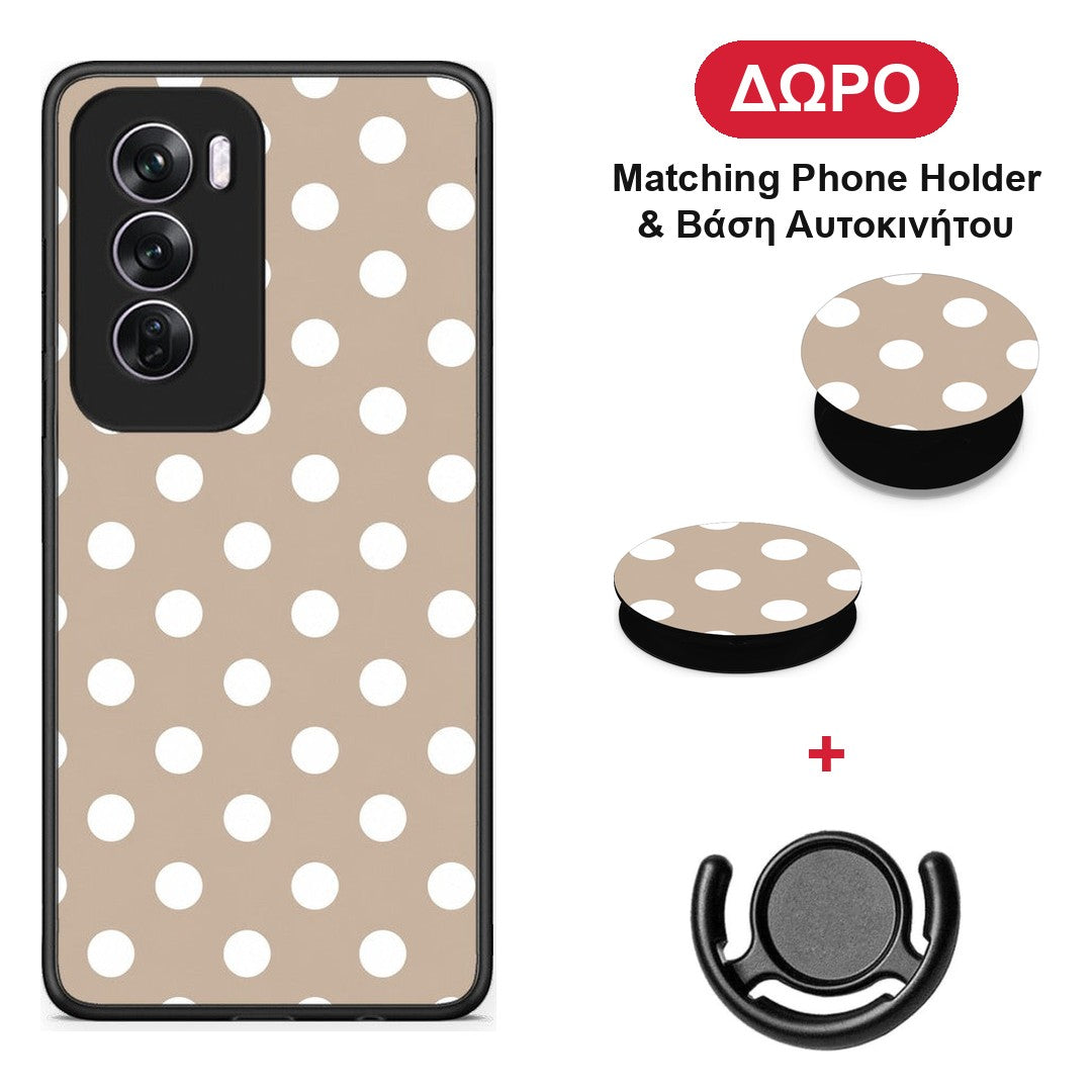 White Polka Dots on Taupe - Oppo Reno12 Pro θήκη + Δώρο Phone Holder & Βάση Αυτοκινήτου