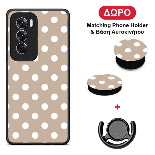 White Polka Dots on Taupe - Oppo Reno12 Pro θήκη + Δώρο Phone Holder & Βάση Αυτοκινήτου