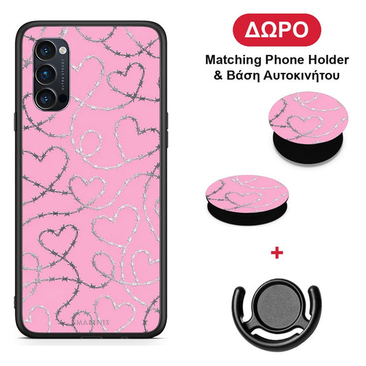 Barbed Wire Hearts on Pink - Oppo Reno4 Pro 5G θήκη + Δώρο Phone Holder & Βάση Αυτοκινήτου