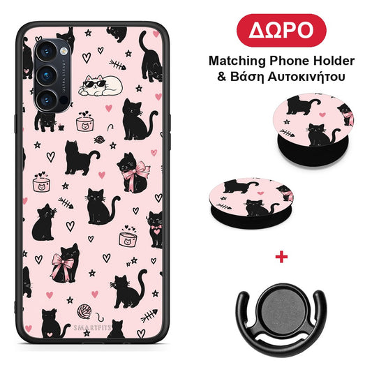 Black Cat Doodles on Pink - Oppo Reno4 Pro 5G θήκη + Δώρο Phone Holder & Βάση Αυτοκινήτου