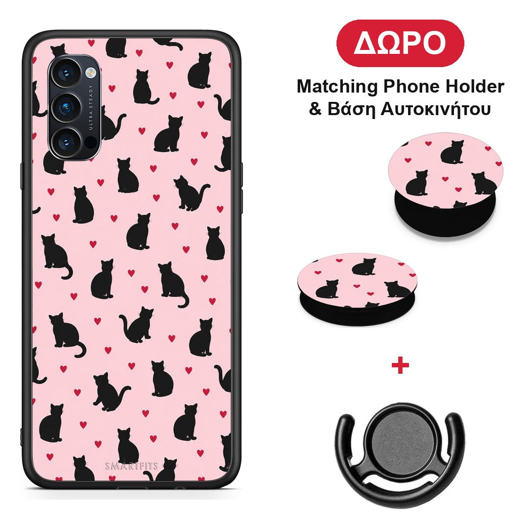 Black Cat Silhouettes and Hearts on Pink - Oppo Reno4 Pro 5G θήκη + Δώρο Phone Holder & Βάση Αυτοκινήτου
