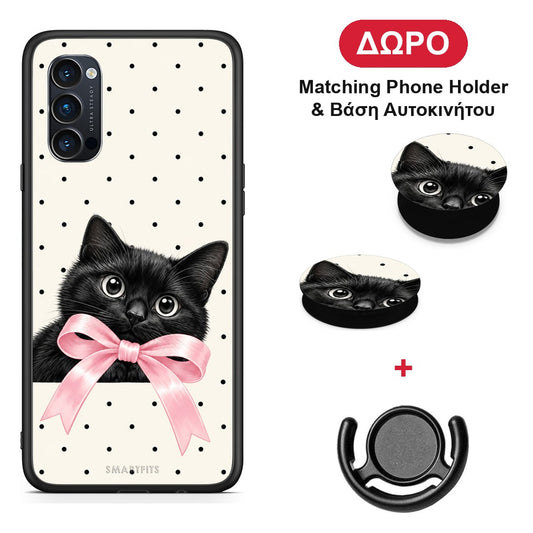 Black Kitten Pink Bow and Polka Dots - Oppo Reno4 Pro 5G θήκη + Δώρο Phone Holder & Βάση Αυτοκινήτου