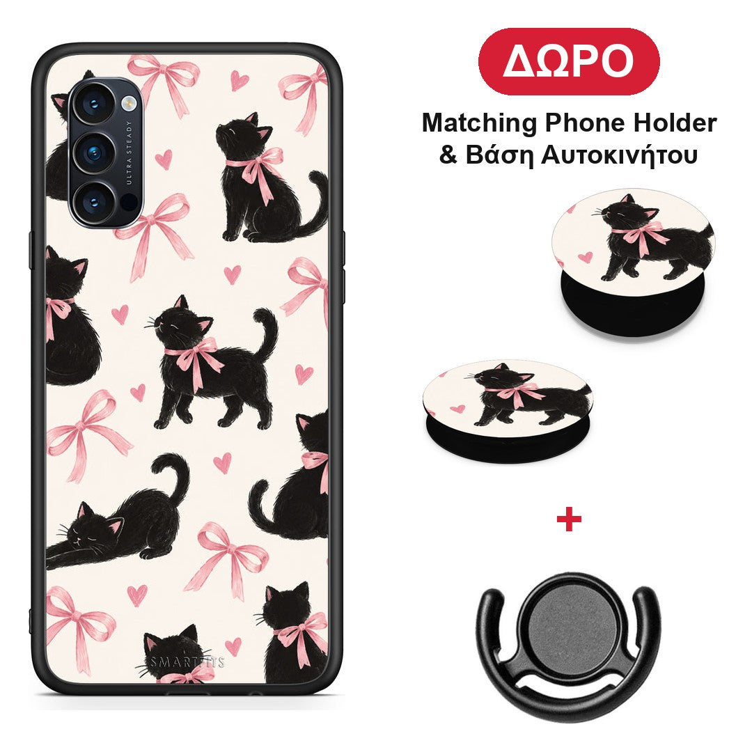 Black Kittens and Pink Bows on Cream Large - Oppo Reno4 Pro 5G θήκη + Δώρο Phone Holder & Βάση Αυτοκινήτου