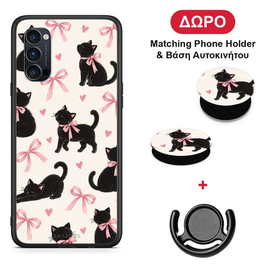 Black Kittens and Pink Bows on Cream Large - Oppo Reno4 Pro 5G θήκη + Δώρο Phone Holder & Βάση Αυτοκινήτου