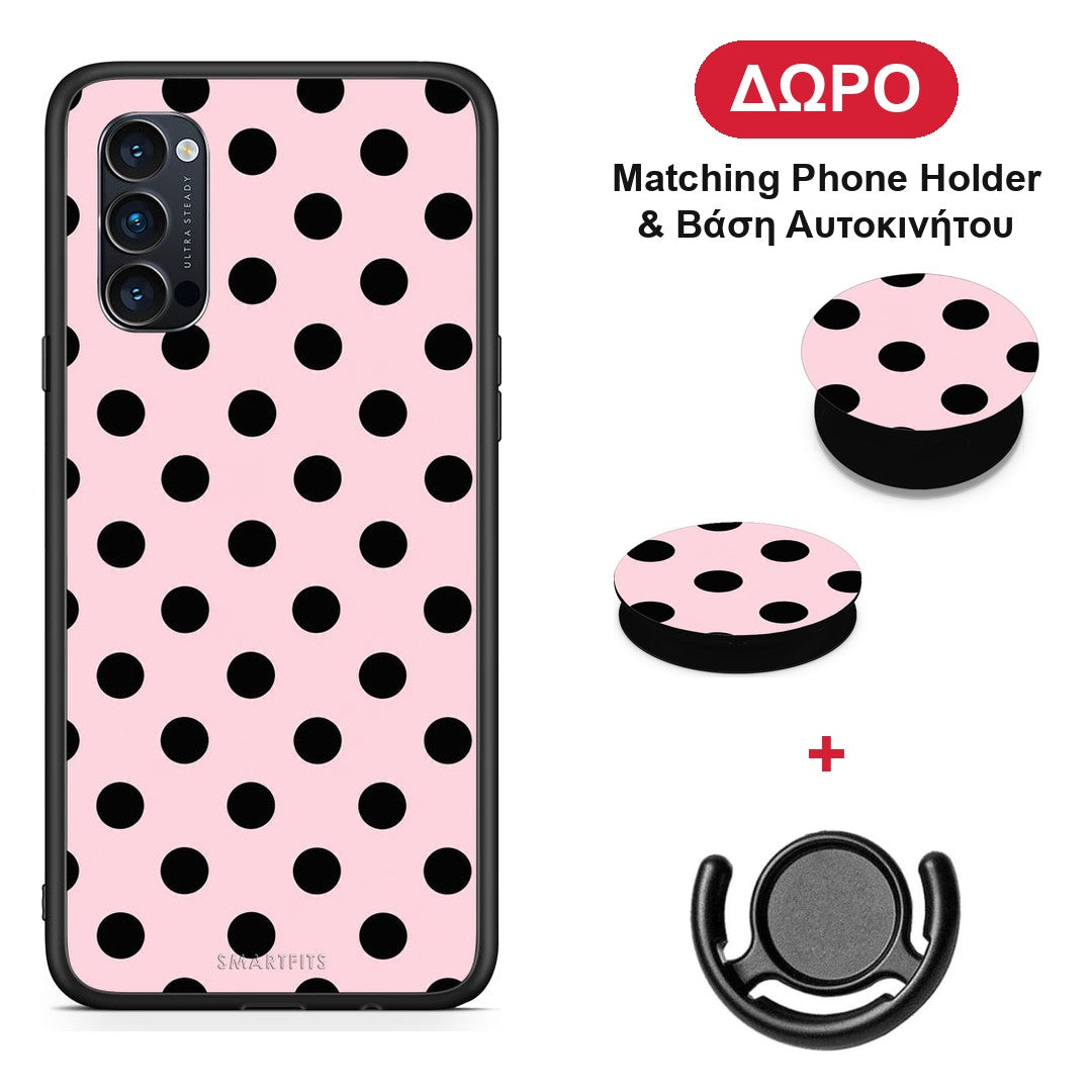 Black Polka Dots on Pink - Oppo Reno4 Pro 5G θήκη + Δώρο Phone Holder & Βάση Αυτοκινήτου