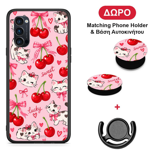 Cherries Bows and Kittens on Pink - Oppo Reno4 Pro 5G θήκη + Δώρο Phone Holder & Βάση Αυτοκινήτου