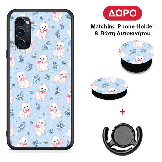 White Kittens and Blue Flowers Small - Oppo Reno4 Pro 5G θήκη + Δώρο Phone Holder & Βάση Αυτοκινήτου