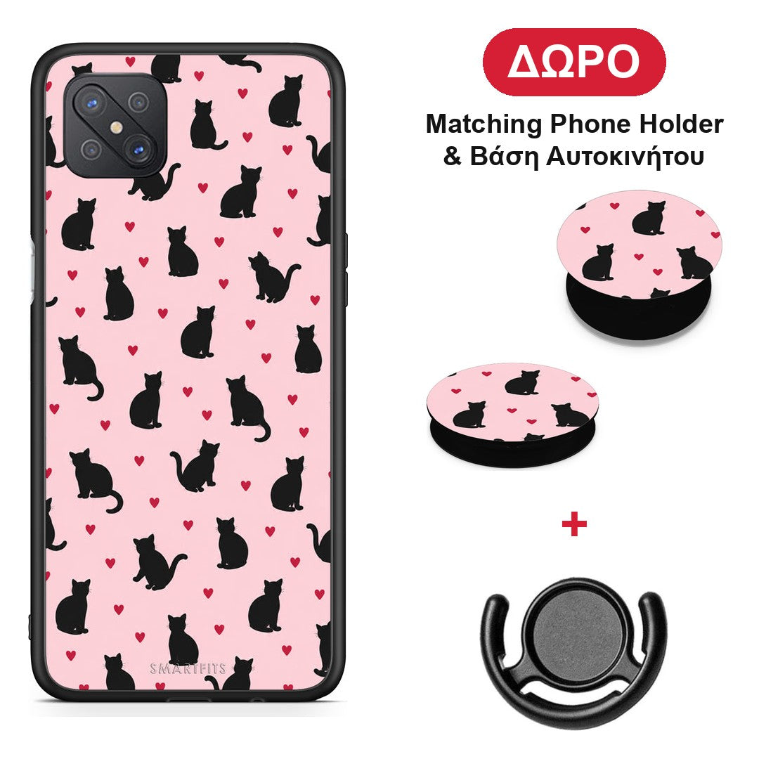 Black Cat Silhouettes and Hearts on Pink - Oppo Reno4 Z 5G / A92s θήκη + Δώρο Phone Holder & Βάση Αυτοκινήτου