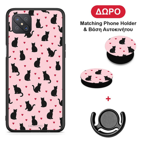 Black Cat Silhouettes and Hearts on Pink - Oppo Reno4 Z 5G / A92s θήκη + Δώρο Phone Holder & Βάση Αυτοκινήτου
