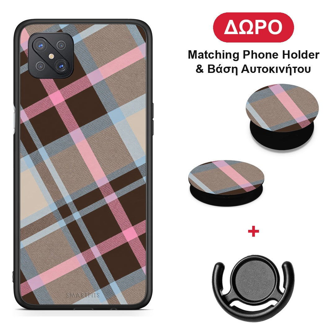 Brown Pink and Blue Diagonal Plaid - Oppo Reno4 Z 5G / A92s θήκη + Δώρο Phone Holder & Βάση Αυτοκινήτου