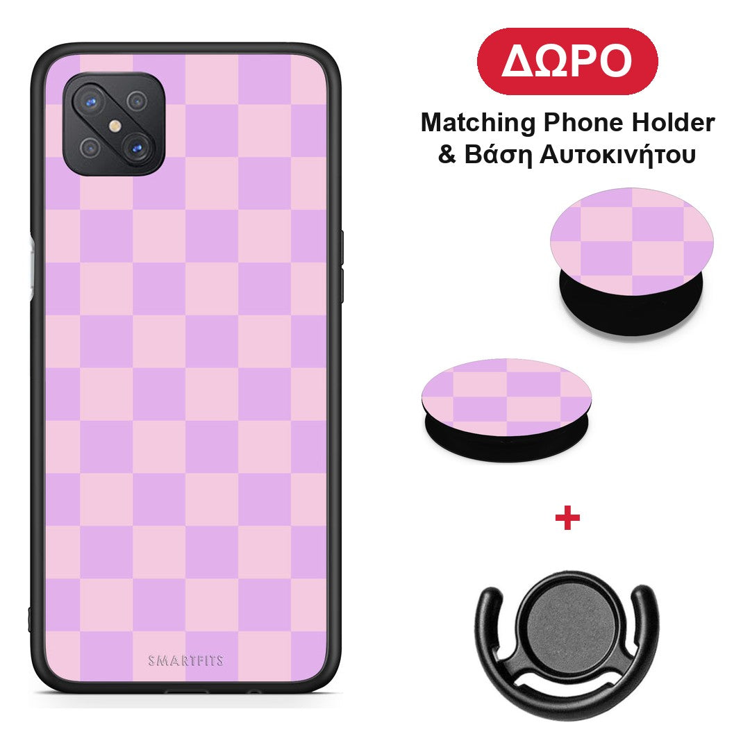 Lavender and Pink Checkerboard - Oppo Reno4 Z 5G / A92s θήκη + Δώρο Phone Holder & Βάση Αυτοκινήτου