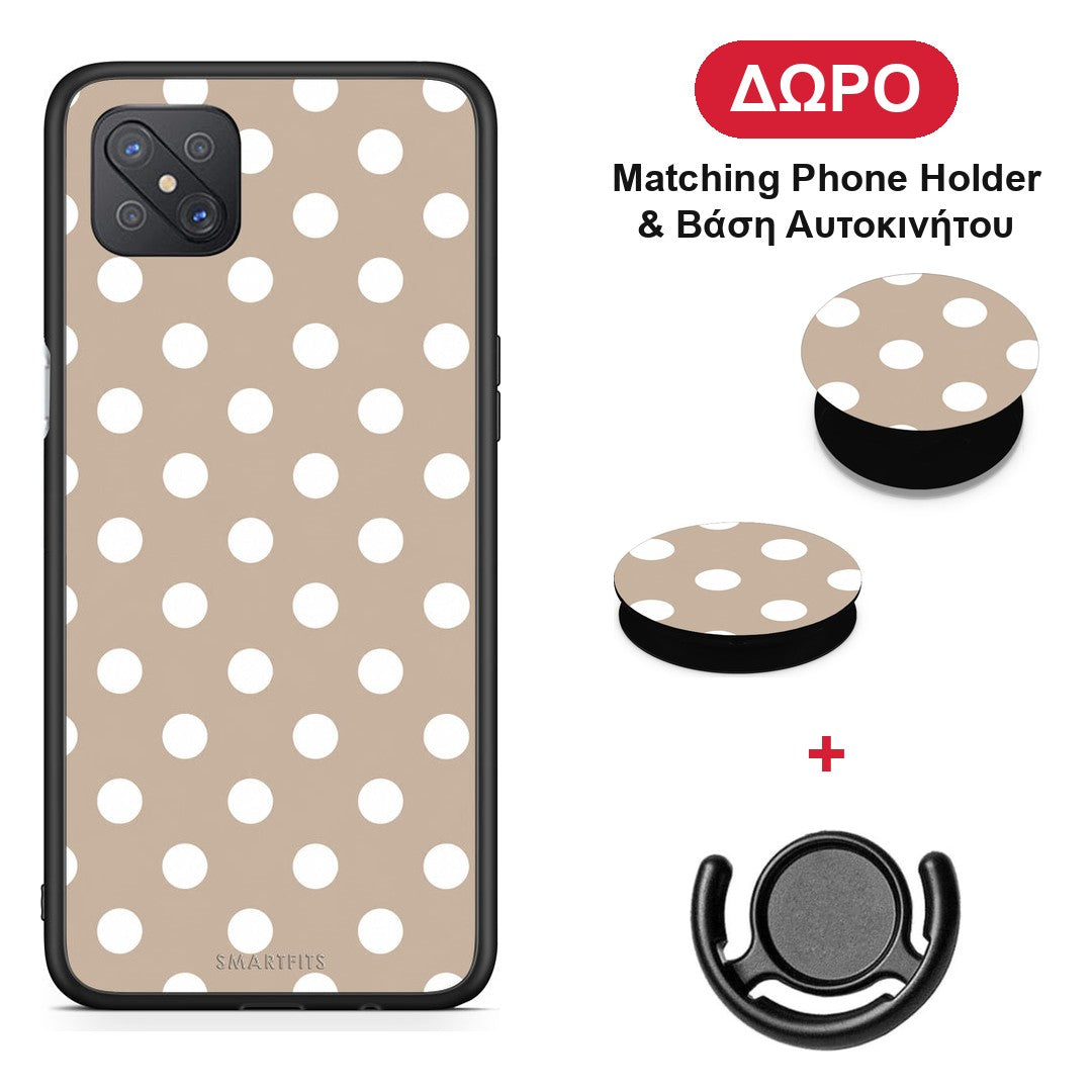 White Polka Dots on Taupe - Oppo Reno4 Z 5G / A92s θήκη + Δώρο Phone Holder & Βάση Αυτοκινήτου