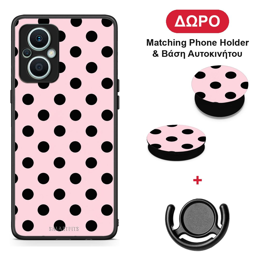 Black Polka Dots on Pink - Oppo Reno7 Lite θήκη + Δώρο Phone Holder & Βάση Αυτοκινήτου