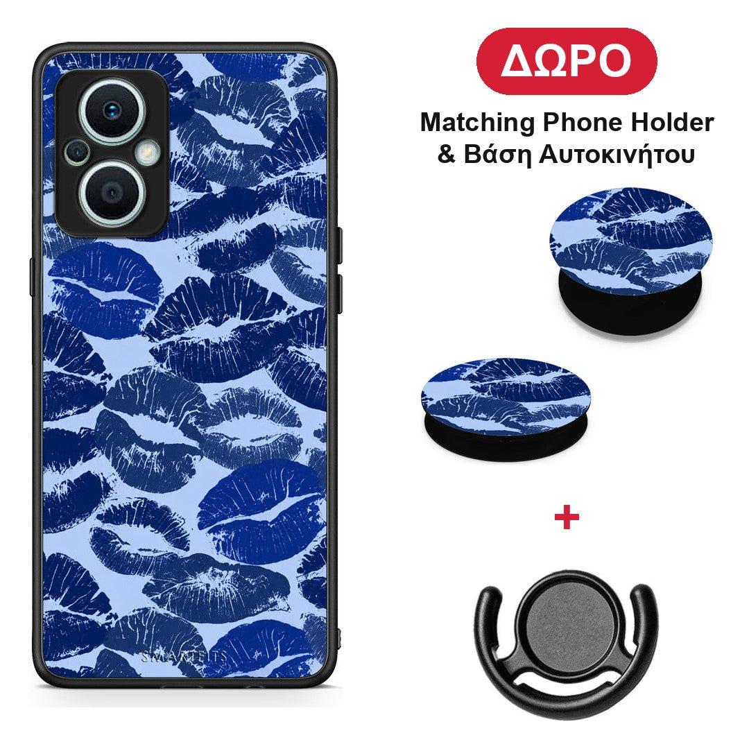 Blue Lipstick Kisses - Oppo Reno7 Lite θήκη + Δώρο Phone Holder & Βάση Αυτοκινήτου