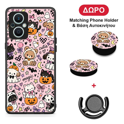 Halloween Cute Animals on Pink - Oppo Reno7 Lite θήκη + Δώρο Phone Holder & Βάση Αυτοκινήτου