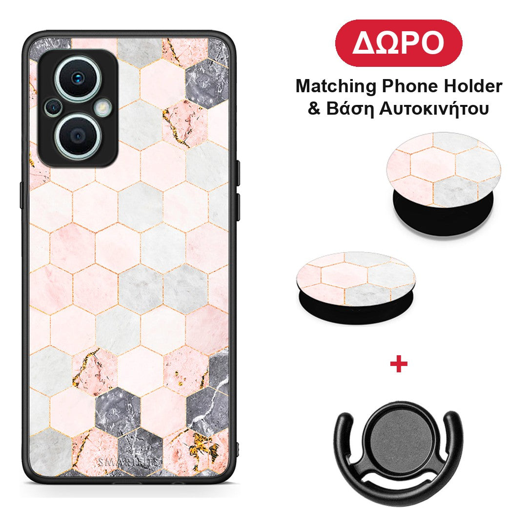 Marble Hexagon Pink - Oppo Reno7 Lite θήκη + Δώρο Phone Holder & Βάση Αυτοκινήτου