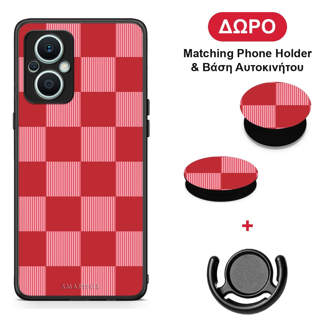Red and Pink Striped Checks - Oppo Reno7 Lite θήκη + Δώρο Phone Holder & Βάση Αυτοκινήτου