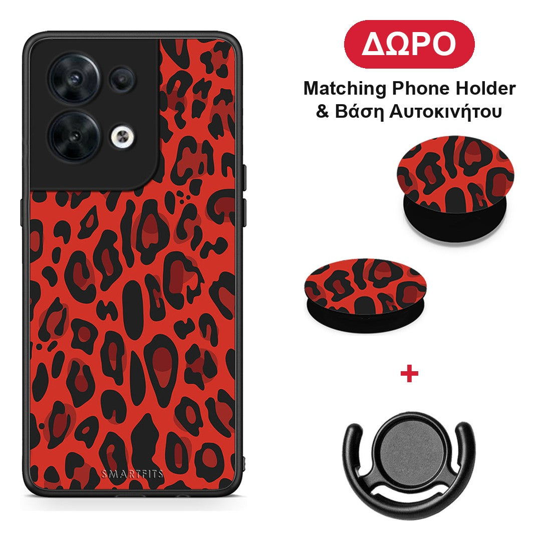 Animal Red Leopard - Oppo Reno8 5G θήκη + Δώρο Phone Holder & Βάση Αυτοκινήτου