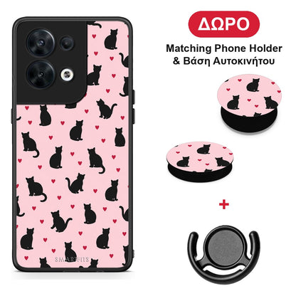 Black Cat Silhouettes and Hearts on Pink - Oppo Reno8 5G θήκη + Δώρο Phone Holder & Βάση Αυτοκινήτου