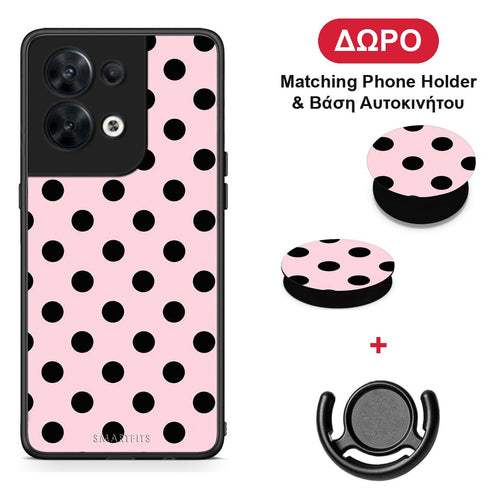 Black Polka Dots on Pink - Oppo Reno8 5G θήκη + Δώρο Phone Holder & Βάση Αυτοκινήτου