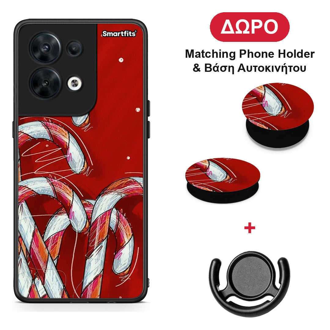 Candy Cane - Oppo Reno8 5G θήκη + Δώρο Phone Holder & Βάση Αυτοκινήτου