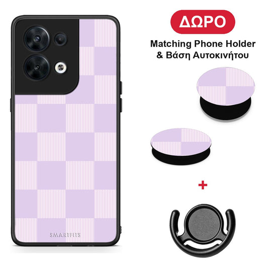 Lilac and Cream Striped Checks - Oppo Reno8 5G θήκη + Δώρο Phone Holder & Βάση Αυτοκινήτου