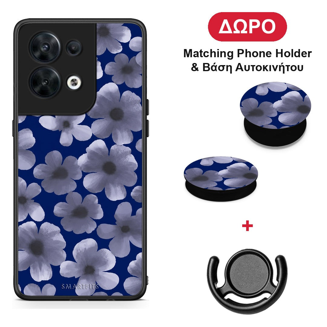 Pale Blue Flowers on Navy - Oppo Reno8 5G θήκη + Δώρο Phone Holder & Βάση Αυτοκινήτου