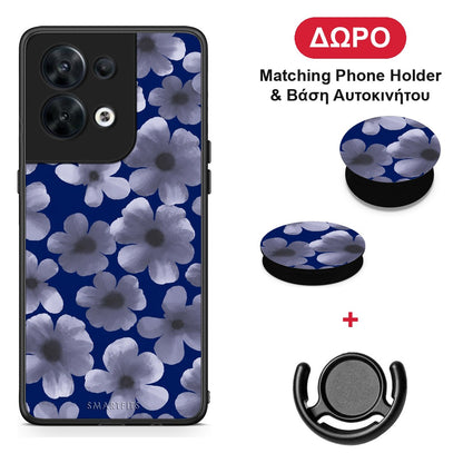 Pale Blue Flowers on Navy - Oppo Reno8 5G θήκη + Δώρο Phone Holder & Βάση Αυτοκινήτου