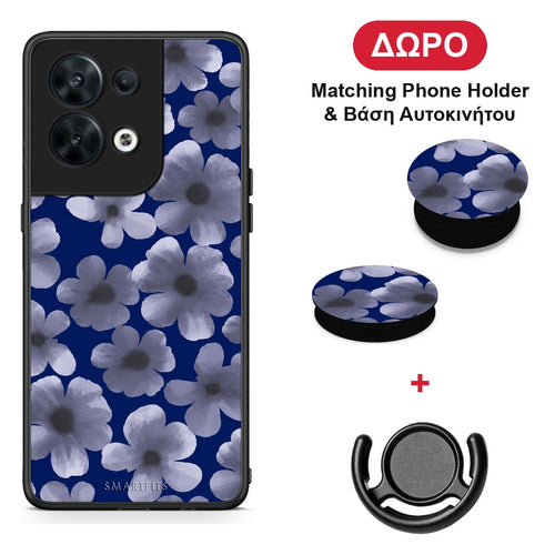 Pale Blue Flowers on Navy - Oppo Reno8 5G θήκη + Δώρο Phone Holder & Βάση Αυτοκινήτου