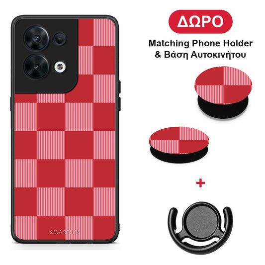 Red and Pink Striped Checks - Oppo Reno8 5G θήκη + Δώρο Phone Holder & Βάση Αυτοκινήτου