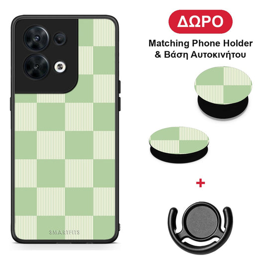 Sage and Cream Striped Checks - Oppo Reno8 5G θήκη + Δώρο Phone Holder & Βάση Αυτοκινήτου