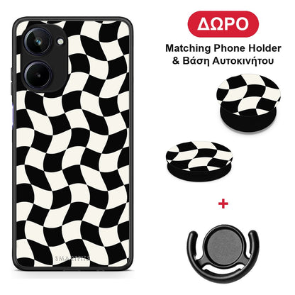 Black and Cream Wavy Checkerboard - Realme 10 θήκη + Δώρο Phone Holder & Βάση Αυτοκινήτου