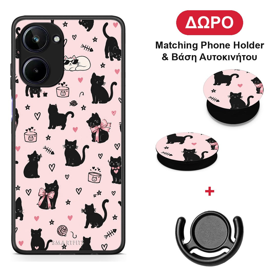 Black Cat Doodles on Pink - Realme 10 θήκη + Δώρο Phone Holder & Βάση Αυτοκινήτου
