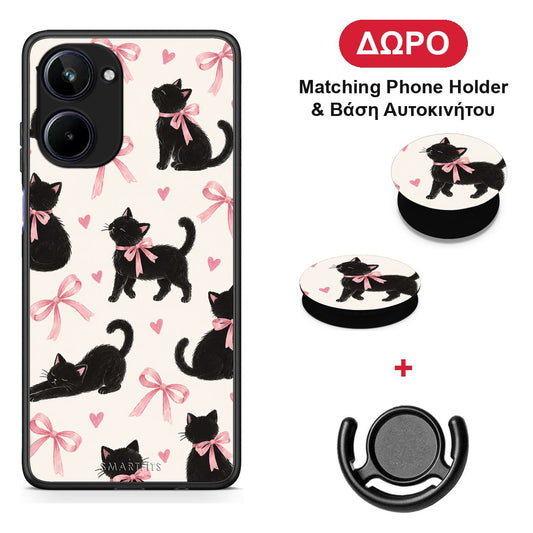 Black Kittens and Pink Bows on Cream Large - Realme 10 θήκη + Δώρο Phone Holder & Βάση Αυτοκινήτου