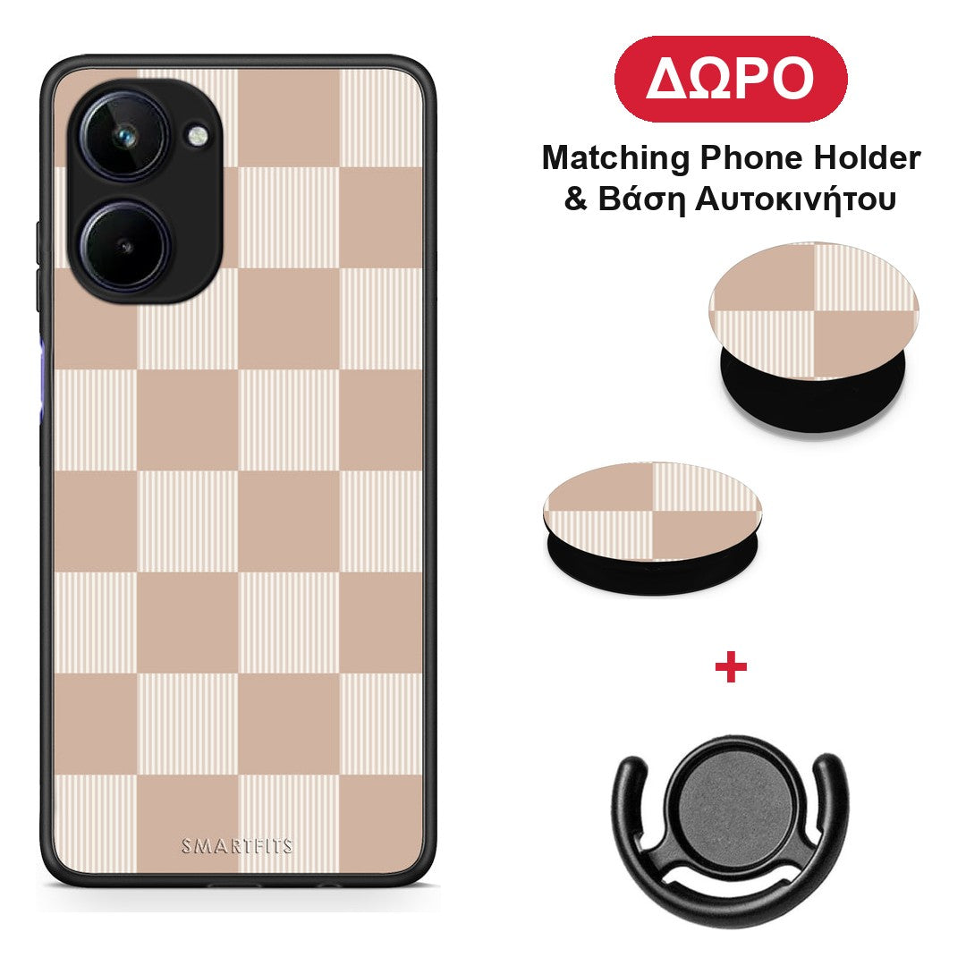 Latte and Cream Striped Checks - Realme 10 θήκη + Δώρο Phone Holder & Βάση Αυτοκινήτου